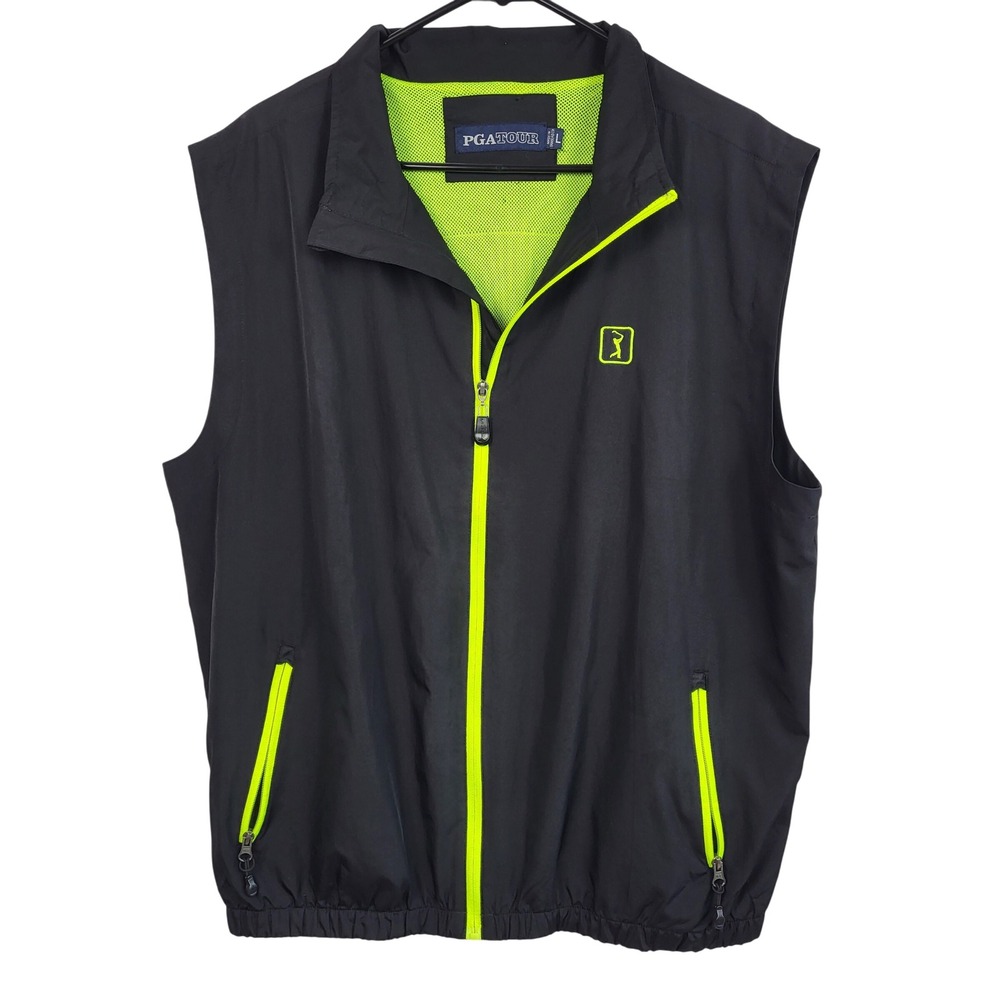 PGA TOUR Golf Vest Mens Large Black Neon Yellow Full Zip Lightweight Windbreaker